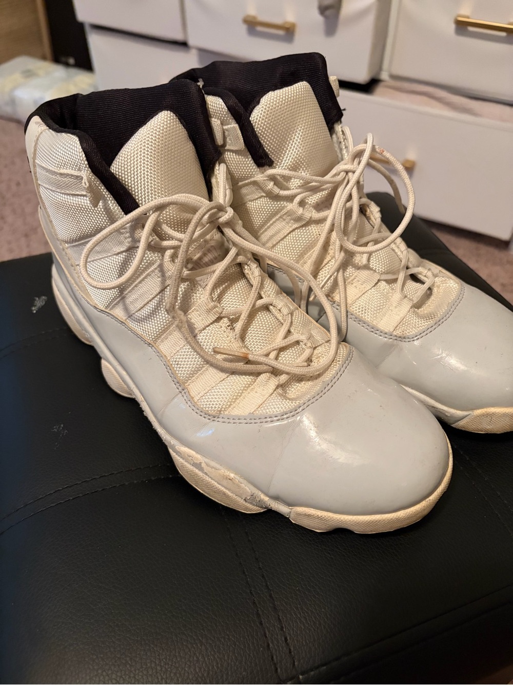 Jordan 11s Cement Gray White High-Top Athletic Sneakers with Black Collar